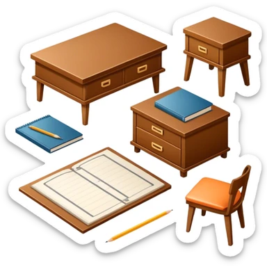 Icon for Furniture Design: a furniture drawing with 3D models of furniture pieces placed on top, accompanied by rulers and a pencil. The icon should represent the design process with focus on precision and modeling. Transparent background. sticker