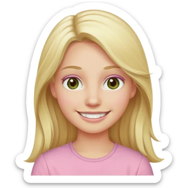 blonde with long hair and swamp-colored eyes, wearing a pastel pink shirt, smiling, iOS Apple emoji style sticker