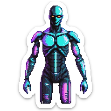 Pixelated future human with neon highlights, tech-enhanced body, and holographic elements sticker
