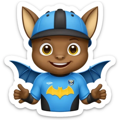 Cheeky little bat mascot for FC Rostov football club, wearing black goalkeeper cap like Lev Yashin, in yellow and blue team colors, mischievous expression, cute bat with big smile sticker