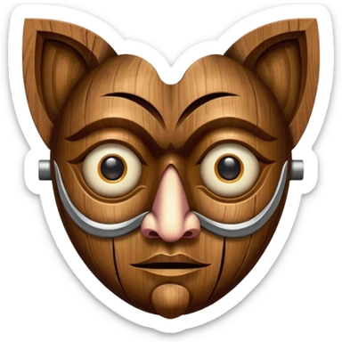 Wooden Mask, Brown carved wood face with hollow eyes. sticker