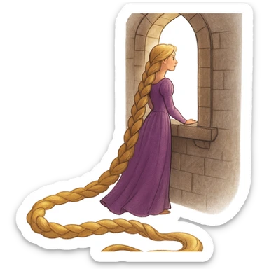 a Rapunzel-like girl with extremely long braided hair, purple dress, looking out a window sticker