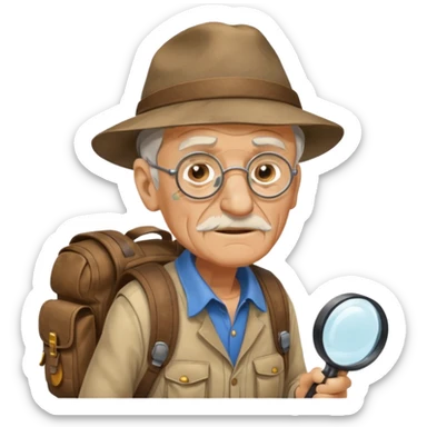 Explorer old Man with backpack and magnifying glass sticker