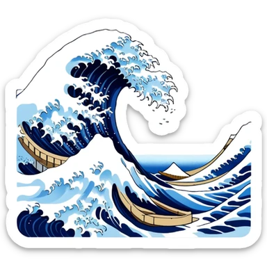 Cinematic Realistic Great Wave off Kanagawa, depicted as a colossal, crashing wave with dynamic blue hues and frothy white crests, rendered with intricate textures and fluid motion that captures both the timeless power and poetic beauty of the iconic Japanese artwork sticker