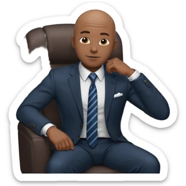 Black man, bald, in a suit, sitting on a chair in the office  sticker