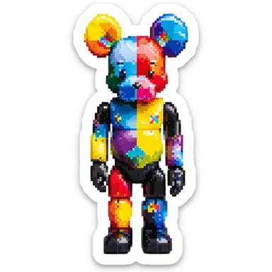 Pixel art KAWS Bearbrick figure with X eyes, blocky bear shape, vibrant colors sticker