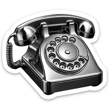 an analog disk phone made entirely of chrome, chrome style, highly reflective, shiny metallic, gleaming sticker