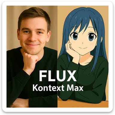 same similar image but chnage the text to "Flux Kontext Max", change people and pose too sticker
