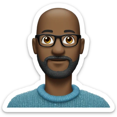 Bald Black man, black rim glasses, blue turtleneck, beaded black necklace, salt & pepper mustache and beard sticker