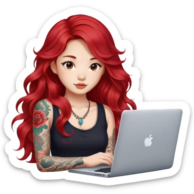beautiful girl with tattoos, with long red hair, wavy hair, chinese, with laptop sticker