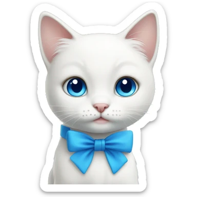 Cute little white cat with blue eyes and blue bow on neck sticker