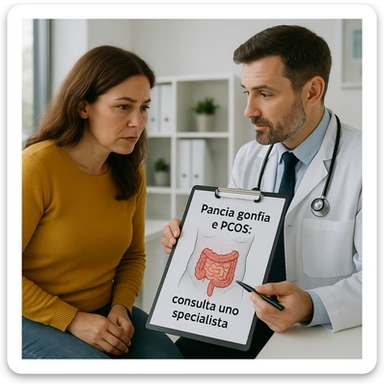 Donna seduta in uno studio medico, il medico le mostra un diagramma con la zona addominale evidenziata, espressione di attenzione, testo in italiano: 'Pancia gonfia e PCOS: consulta uno specialista', qualità 4K sticker