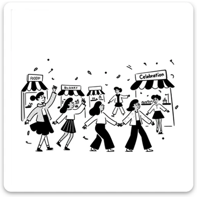 A lively festival celebration with people dancing, food stalls, and confetti sticker