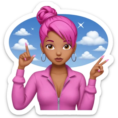 Brownskin girl , pink hair , edges ,  sassy looking pointing at the sky while pouting, pink nails, hair a slick back bun, with a pink jumpsuit  sticker