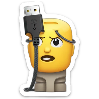 Man holding broken USB cable. Unhappy sticker