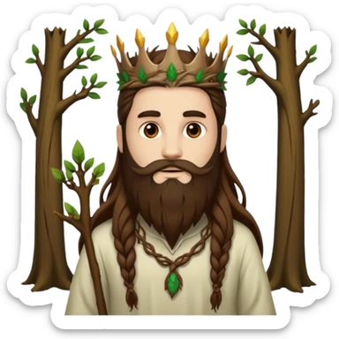 full body man long brown hair brown eyes medium beard white skin forest spirit with root crown sticker