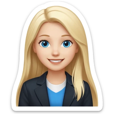 A white girl with long straight blonde hair, blue eyes and a white dress with a black jacket smiling sticker