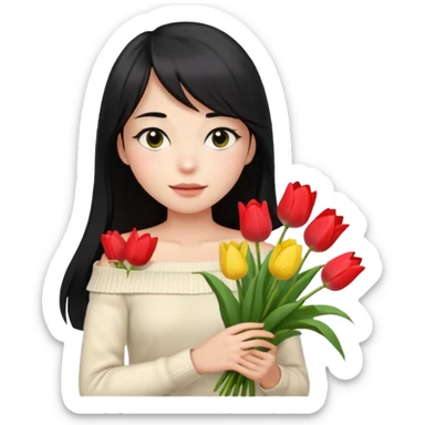 a girl with long black hair, thin bangs, black eyes, wearing a cream off-shoulder sweater, holding a bouquet of tulips, emoji style, with a gentle expression sticker