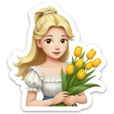  A girl with a half-up half-down hairstyle, and a white ruffled top, enjoying the spring breeze.Holding a bundle of yellow tulips sticker
