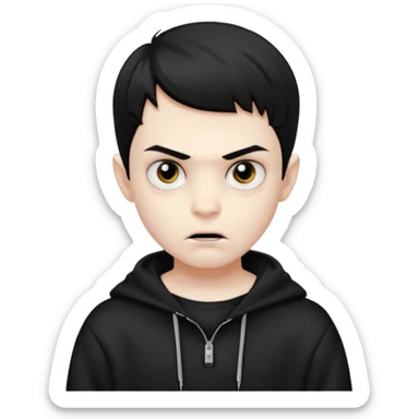 Vampire boy with the short black hair, pale-white skin, black eyes, little fangs and dark circles under his eyes. He has serious face and he wear a black oversize sweatshot sticker