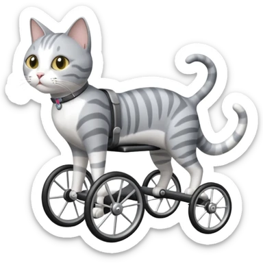 grey and white cat in a cat walking wheelchair sticker