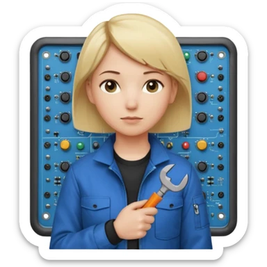 Calm and independent female engineer, fair skin, short straight blonde hair tucked behind the ears, neutral but focused expression, wearing a fitted blue utility jacket over a black crew-neck top, holding a small wrench in one hand and a circuit board in the other, waist-up, front-facing sticker