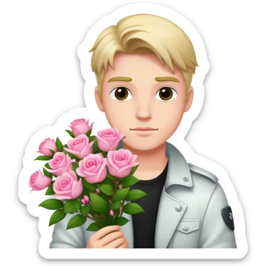 A cool bad boy with fair skin holding a bouquet of pink jasmine roses sticker