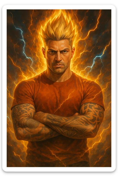 a muscular man with spiky hair stands in a powerful pose, surrounded by a glowing, fiery aura reminiscent of Goku’s Super Saiyan transformation. His eyes are intense and determined, and his body radiates energy and confidence. Lightning bolts and energy waves crackle around him, symbolizing a surge of testosterone and vitality. The background is dramatic, with swirling clouds and vibrant colors. sticker
