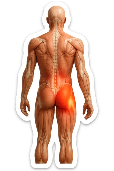 CORPO UMANO ANATOMICO A FIGURA INTERA REALISTICO DI SPALLE CON DOLORE ALLA LOMBARE INFIAMMATA, DOLORE ALL'ANCA, IPERREALISTICO 4K sticker