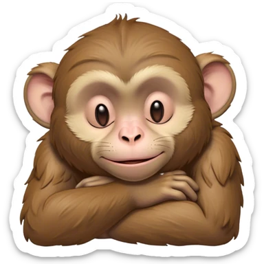 Beautiful and Majestic Cheeky Macaque Portrait Emoji, Head resting in a relaxed, contented smirk with eyes half-closed in a dreamy, playful slumber, showcasing soft, gently ruffled fur and a compact, agile build, Simplified yet exquisitely endearing features, highly detailed, glowing with a soft, radiant light, high shine, serene yet mischievous, stylized with an air of refined playful charm, soft glowing outline, capturing the essence of a beautiful and majestic macaque that embodies both cheeky humor and gentle elegance! sticker