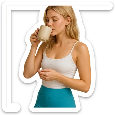 aesthetic blonde girl drinking tea, wearing blue #2f88ae biker shorts and a white spaghetti strap tank top, wellness vibe sticker