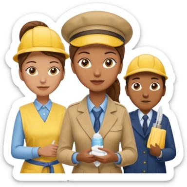 A cleaning Lady with Brown hair, high ponytail and yellow cleaning gloths is Talking to a Detektive (a man) with beige had, a beige coap and he is interviewing the cleaning Lady sticker