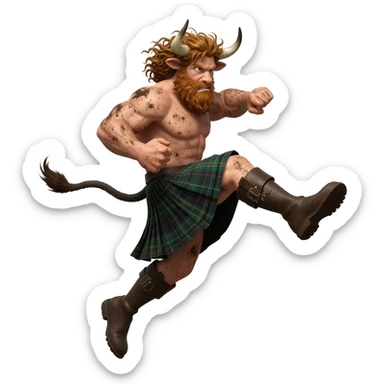 big buff curly hairy man covered in dirt with freckles with messy light brown bangs that covers his face completely with bull horns and bull ears and bull tail dressed in kilt jumped up kicking with his strong leg in boots with wind in his hair sticker