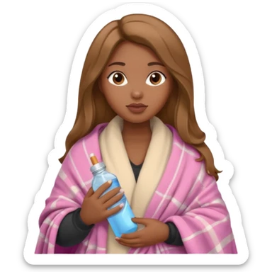 Curvy, light brown long hair, pretty black girl light pink lipgloss wrapped in blanket holding a brown cigarette and water bottle  sticker