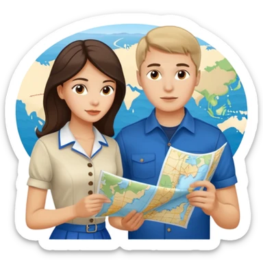 Russian young man and elegant fair-skinned Latina girl in costal outfits with a map planning  sticker