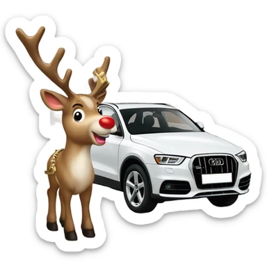 A reindeer harnessed to A white Audi Q3 with a red bridle and golden bells, set in a snowy winter scene. sticker
