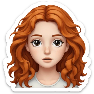 girl with wavy long hair, striking black eyes, subtle makeup, and scattered freckles sticker