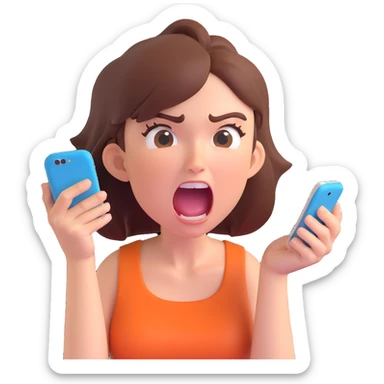 furious girl yelling into a smartphone, intense facial expression, energetic sticker