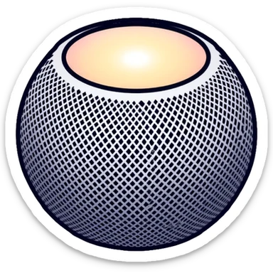 Modern Apple HomePod mini smart speaker, spherical compact design with touch interface on top, minimalist aesthetic sticker