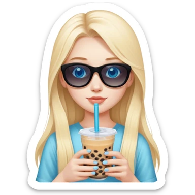 Blonde girl with pale skin and blue eyes and long hair and black sunglasses with boba tea sticker