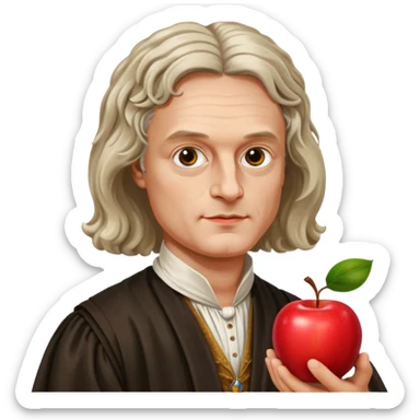 Isaac Newton wearing 17th-century aristocratic attire, hold an apple sticker