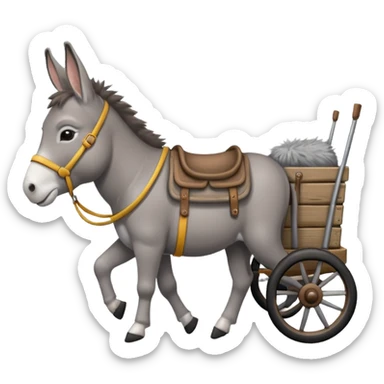 donkey attached to a small wagon, side view, cheerful and friendly sticker
