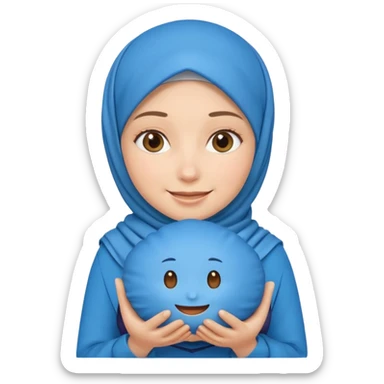 white pretty woman with hijab holding a blue cushion emoji sticker