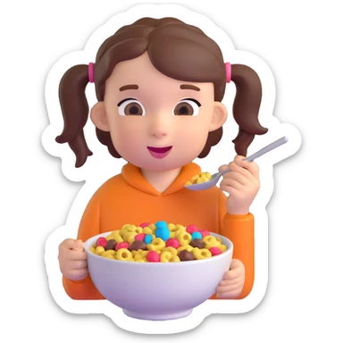 kid with pigtails eating a bowl of chocolate cereal sticker