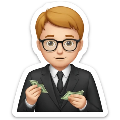 A cunning man in glasses counting money sticker