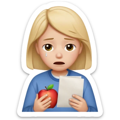 emoji student sad holding paper IELTS 5.5, crying, failure, white background, apple emoji style sticker