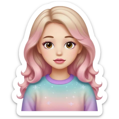 “Emoji girl, soft eyeliner, gradient rose lips, light brown shimmer eyeshadow, sparkly aegyo-sal, long wavy hair, cozy pastel sweater.” sticker