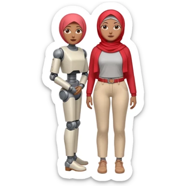 Heavy-set woman with medium-brown skin wearing a light red hijab, cream top, light red pants, tan shoes, and a grey robot leg. Standing confidently with one hand on her hip sticker