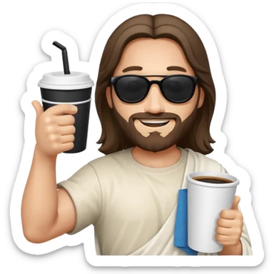 emoji di Gesù con occhiali da sole un pollice in su e in una mano un bicchiere di carta
 sticker