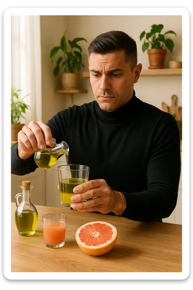A realistic, warm-toned photo-style image of a man in his kitchen preparing a liver and gallbladder flush. On the counter, there is a small glass bottle of high-quality extra virgin olive oil with a rich green hue, and a freshly cut pink grapefruit with a small glass of its juice next to it. The man, in his mid-30s, looks focused and slightly apprehensive as he mixes the olive oil and grapefruit juice in a clear glass, preparing to drink it as part of a natural gallbladder cleanse. The background is clean, bright, and minimalist with wooden countertops, green plants, and sunlight coming through the window, giving a sense of natural health practices. The mood conveys a realistic moment of alternative health care, illustrating the preparation and intention for a natural flush to address gallstones, while maintaining a calm, educational, and hopeful tone sticker